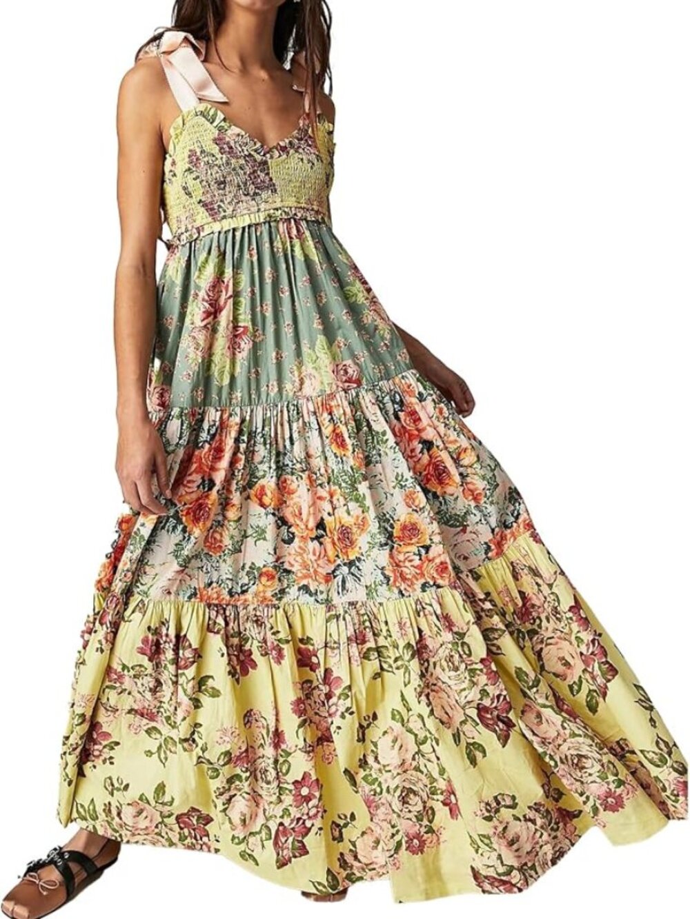 Yuemengxuan Large Floral Patchwork Smocked Maxi Dress Tie Shoulder with Pockets